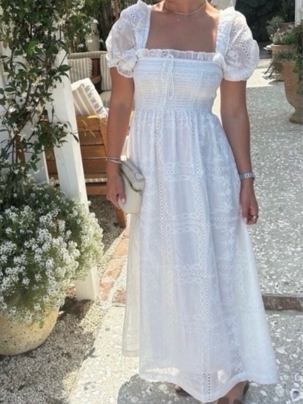Caroline Constas Best Selling White Eyelet Smocked Maxi Dress with Puff Sleeves